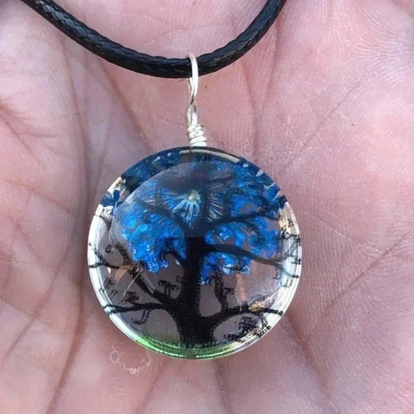 Blue Circle Real Flower Glass Tree Butterfly Necklace NWT - Picture 1 of 3